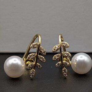 Gold Tone Faux Pearl & CZ Leaf Stud Earrings